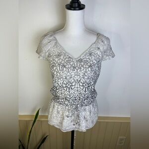 White House Black Market Silk Metallic Blouse XS Silver Peplum Y2K Going Out Top